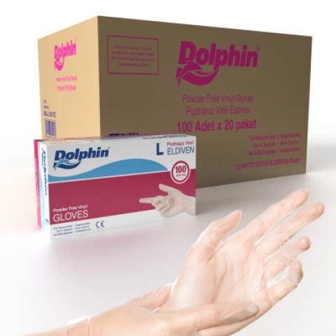 Dolphin Beyaz Vinil Eldiveni Pudrasız L 100 Adet x 20 Paket - Koli
