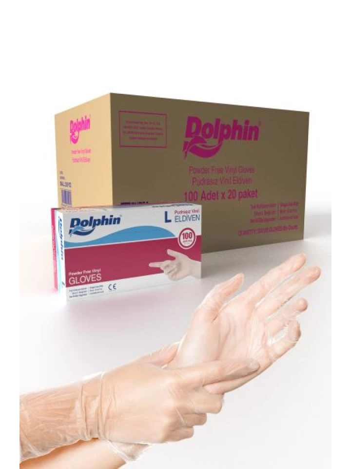 Dolphin Beyaz Vinil Eldiveni Pudrasız L 100 Adet x 20 Paket - Koli