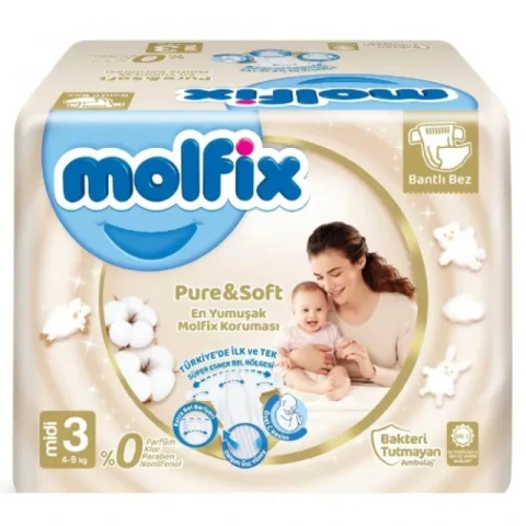 Molfix Pure & Soft Bebek Bezi 3 Beden Midi 4-9 Kg 64Lü Süper Fırsat Paketi