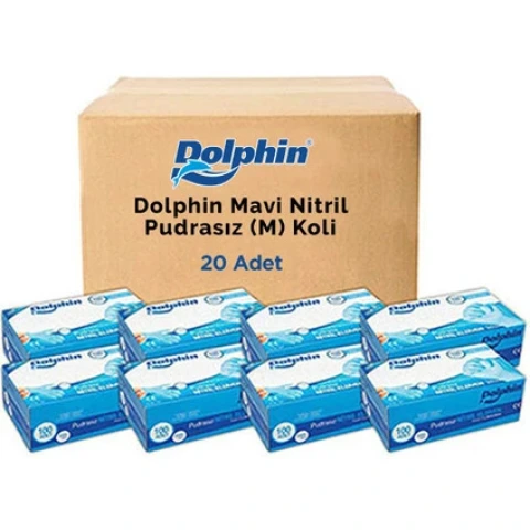 Dolphin Mavi Nitril Eldiven Pudrasız M 100 Adet x 20 Paket - Koli