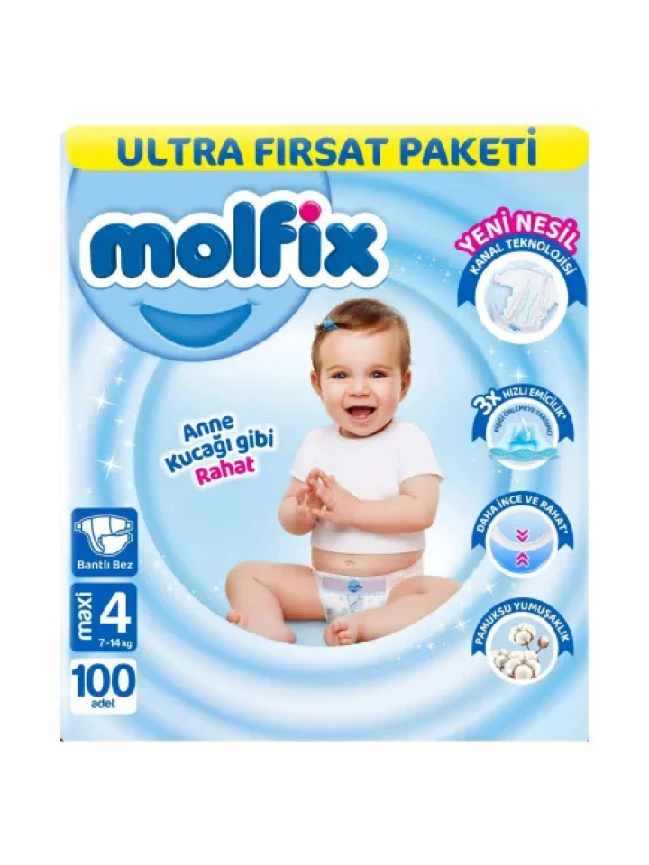 Molfix Bebek Bezi 3D 4 Beden Maxi 7-14 Kg 100Lü Ultra Fırsat Paketi