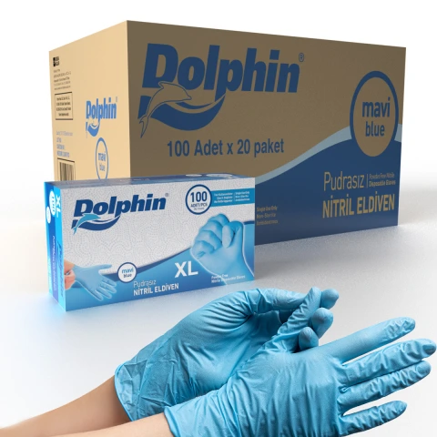 Dolphin Mavi Nitril Eldiven Pudrasız XL 100 Adet x 20 Paket - Koli