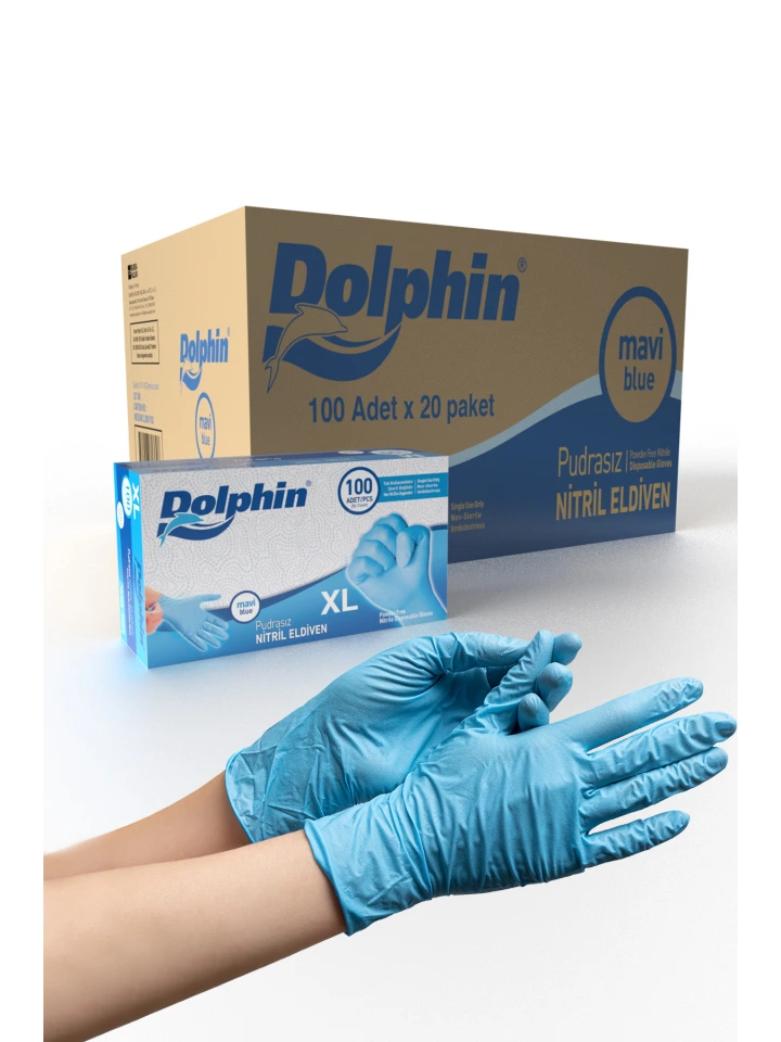 Dolphin Mavi Nitril Eldiven Pudrasız XL 100 Adet x 20 Paket - Koli